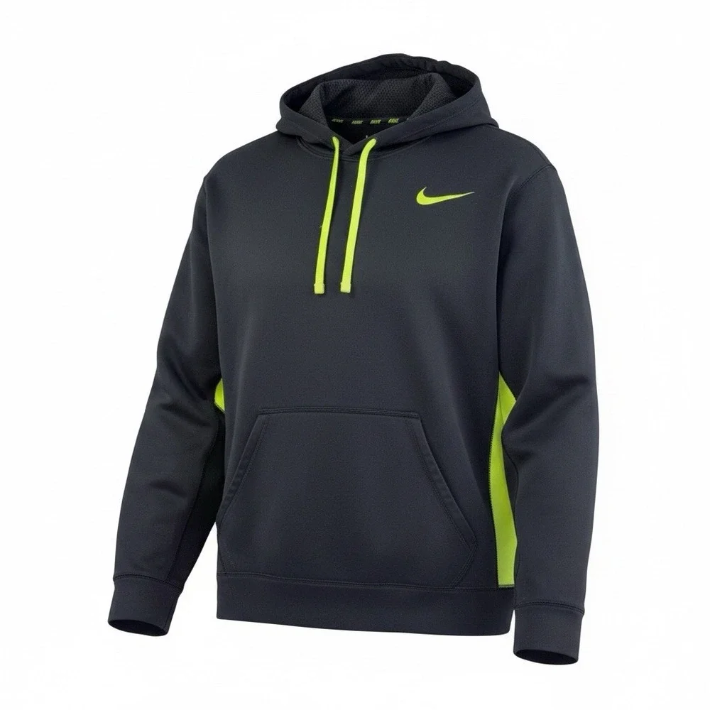Nike Hoodie Mens Medium Therma Fit Black Neon Green Swoosh Pullover Sweatshirt